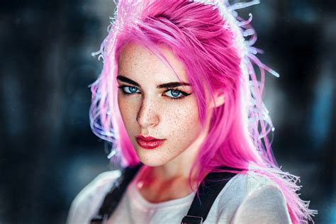 X Woman Lipstick Model Girl Freckles Pink Hair Face
