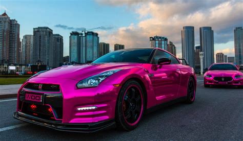 Chrome Pink Wrapped Nissan Gt R And Maserati Quattroporte Nissan Gt R