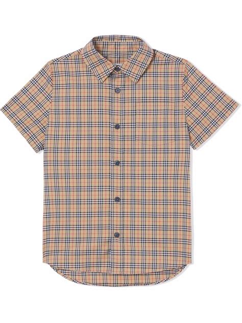 Burberry Kids Owen Check Stretch Cotton Button Up Shirt In Archive