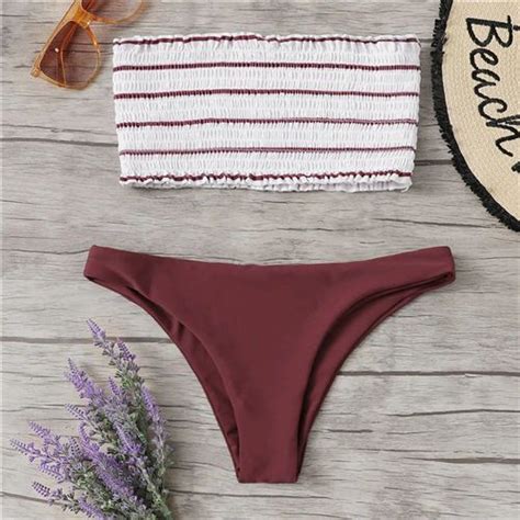 Striped Shirred Bandeau Hipster Bikini Set Shopeenk Check More At