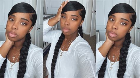 Natural Hair Hairstyles Two Braids With Swoop Bang Two Jumbo Feed In