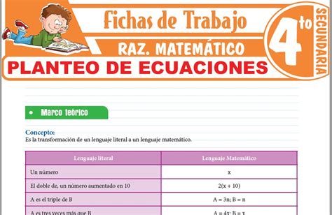 Ficha De Planteo De Ecuaciones De Primer Grado Para Cuarto Grado De