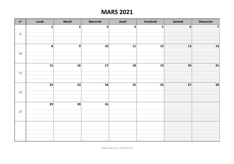 Calendrier Mars 2021 à Imprimer