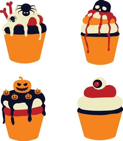 Set Of Different Halloween Cupcake In Spooky Cartoon Design Isolated Vector Vector