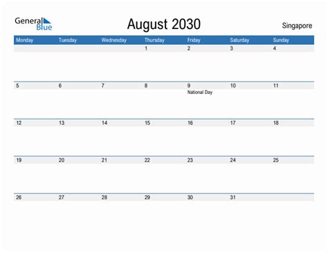 Editable August 2030 Calendar With Singapore Holidays