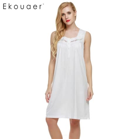 Ekouaer Nightgown Sexy Women Lingerie Nightwear Sleeveless Lace Nightdress Sleepwear Summer