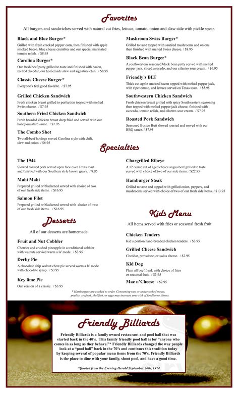Friendly Billiards menu in Rock Hill, South Carolina, USA