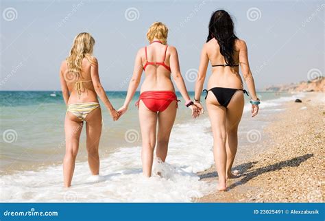 three girls on seashore stock image image of enjoy bikini 23025491