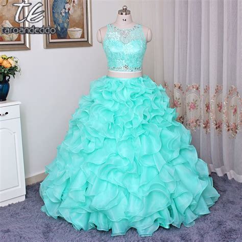 O Neck Two Pieces Mint Green Ruffled Organza Ball Gowns Quinceanera