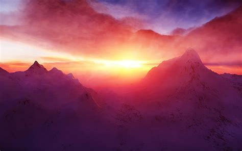 Hd Wallpaper Sunset Mountains Snowy Peak Sunlight Sky Clouds