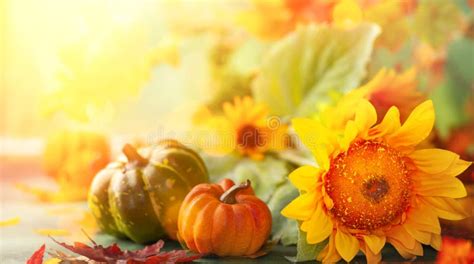 autumn festive background with sunflowers pumpkins and fall leaves concept of thanksgiving day