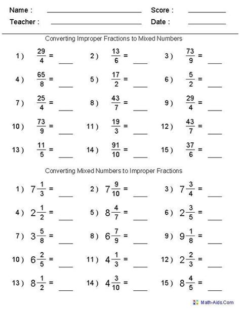 Worksheet Changing Mixed Numbers To Improper Fractions
