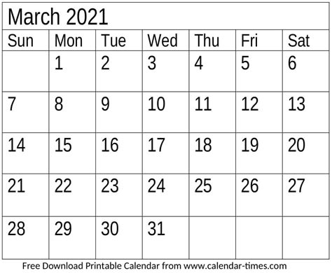 March 2021 Calendar Monthly Template Download