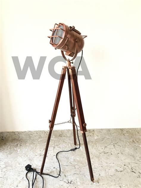 Copper Antique Floor Lamp With Tripod Handmade Searchlight Etsy Uk