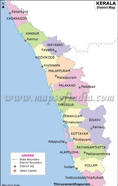 This state consists of 14 districts among them palakkad is the largest city and alappuzha is the smallest city. map of kerala with cities
