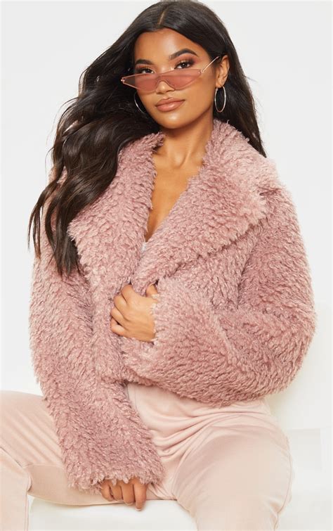 rose cropped teddy faux fur coat prettylittlething usa