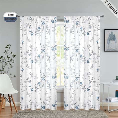 Beauoop Floral Semi Sheer Curtains 84 Inch Length For Living Room