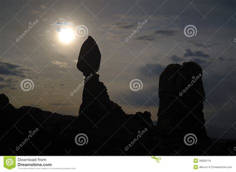 Balanced Rock With Moon In Arches National Park Stock Image Image Of