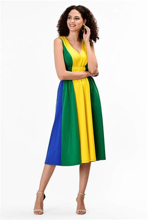 Shop Linear Colorblock Cotton Knit Elastic Waist Dress Eshakti