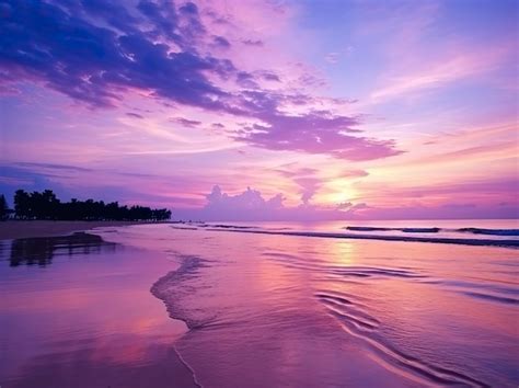 Premium Ai Image Summer Beach With Blue Water And Purple Sky At The
