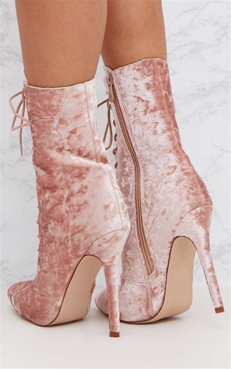 Pink Crushed Velvet Lace Up Heeled Boots Prettylittlething