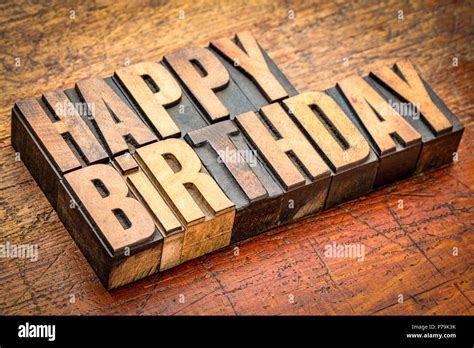 Happy Birthday Greeting Card In Vintage Letterpress Wood Type Against