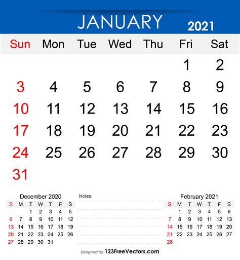 Free Free Printable January 2021 Calendar