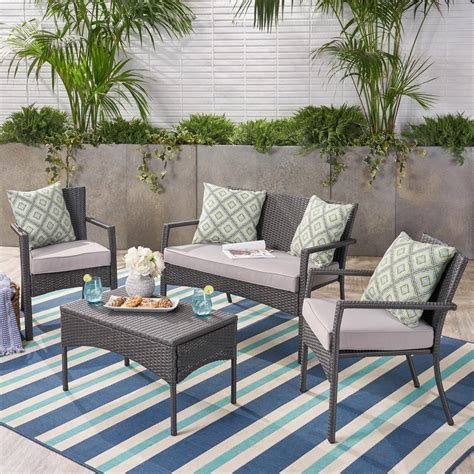 Noble House 4 Piece Plastic Patio Conversation Set With Silver Cushions