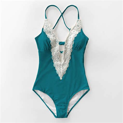 Cupshe Lace Splicing Back Hook Closure One Piece Swimsuit Women Vintage V Neck Backless Monokini
