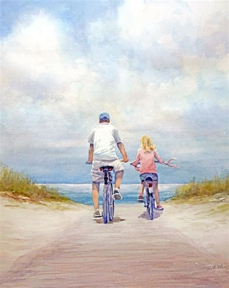Father And Daughter Bicycling On The Beach Archival Reproduction Of