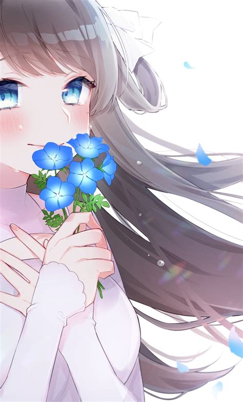 Wallpaper Crying Blue Flowers Tears Anime Girl Blue Eyes Brown