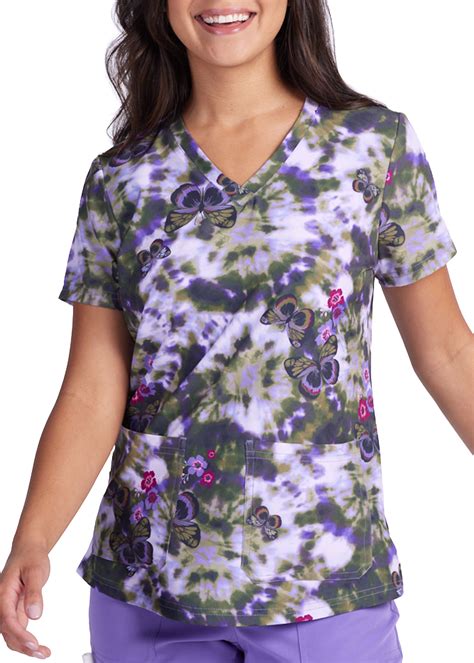 Beyond Scrubs Happiness Collection Spiral Butterfly Print V Neck Scrub