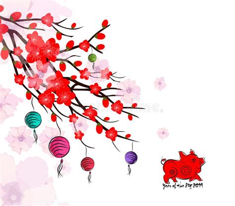 Chinese New Year Card With Plum Blossom And Lantern Stock Vector