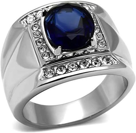 699 Mens Stainless Steel Ring Simulated Diamonds Sapphire Signet Pinky