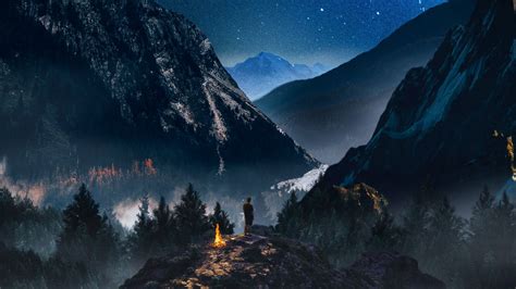Download Wallpaper 1920x1080 Mountains Starry Sky