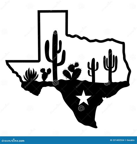 Texas Map Silhouette And Cactuses Desert Black Silhouette Vector