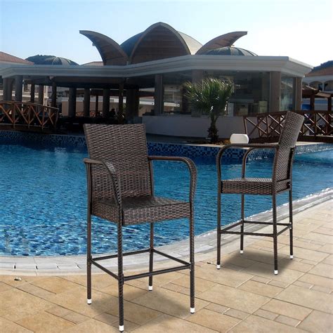 Outdoor Deck High Bar Chairs 2pcs Rattan Patio High Bar Chair With All