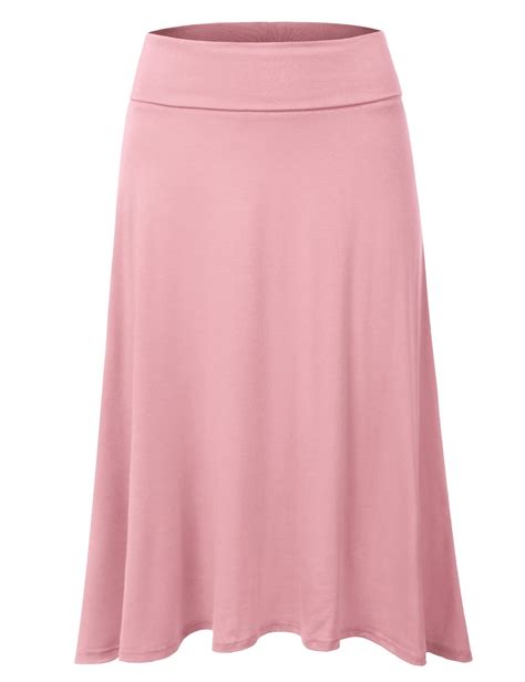 Doublju Womens High Waist Elastic Soft Flare Flowy Midi Skirt Plus Size Available
