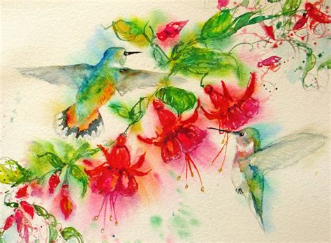 Hummingbird Art Print Abstract Watercolor Painting Fuschia
