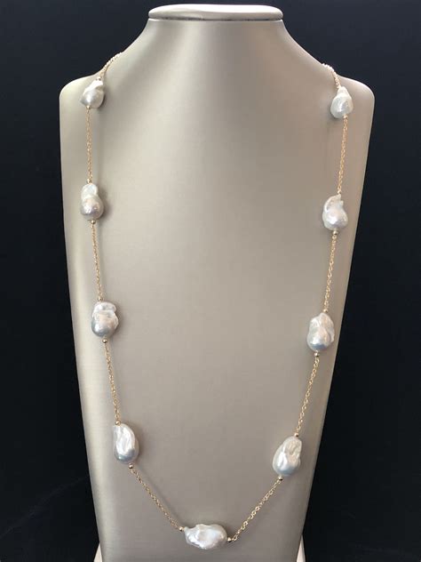 Fine Mm Mm White Baroque Pearl Necklace K Yellow Gold Chain Fine K Yellow Gold And