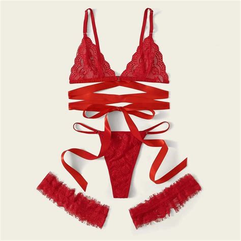 Women Lace Sexy Lingerie Set Hollow Lace Up Sexy G String Bra Thongs Underwear Set Red
