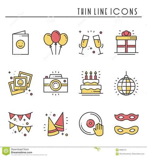Party Celebration Thin Line Icons Set Birthday Holidays Event