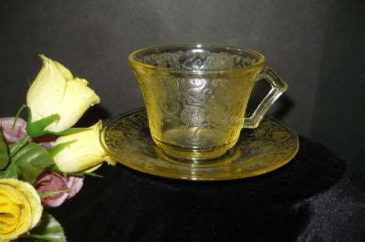YELLOW FLORENTINE POPPY DEPRESSION GLASS CUP SAUCER Antique Price
