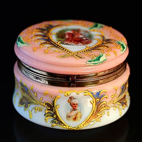 Antique Victorian Jewelry Box Powder Jar Opaline Enameled Art Glass Hinged Lid Antique Music Box
