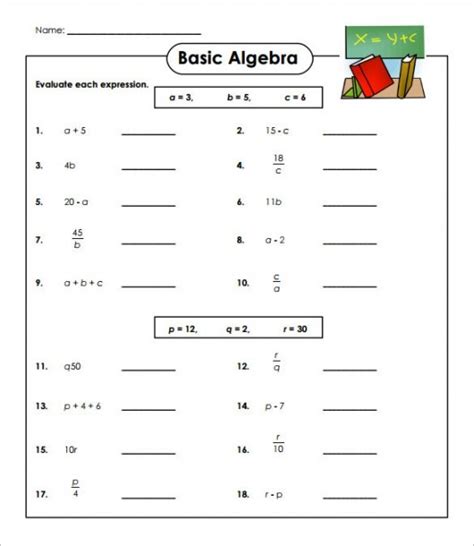 Basic Algebra Worksheet Printable