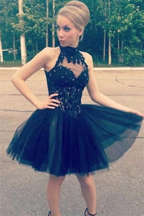 Black High Neckline Lace Beading Short Homecoming Dresses Z0065 Black Lace Prom Dress Black