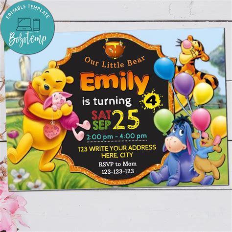 Winnie The Pooh Birthday Party Invitation Printable Createpartylabels