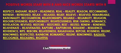 Increasing positivity can make you happier if you're really looking for a reliable list of positive words, you've come to the right place! nice words that start with r,positive words start with r