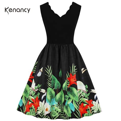 Kenancy Women Vintage Retro Dress Summer V Neck Sleeveless Floral Print