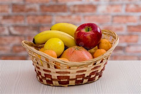 Fruit In A Basket Apple Bananas Oranges Dietary Nutrition Stock